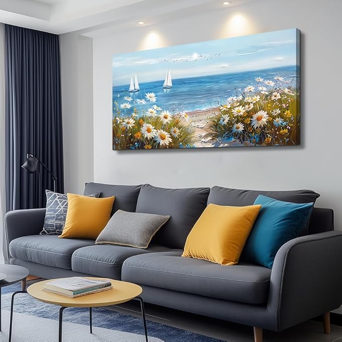 PHAOHUAXM Home Decor Printing Canvas Picture Blue Ocean Landscape Painting Wall Art For Living Room Farmhouse Dinin Mural White Flowers Bedroom Office Wall Decoration Artwork Easy To Hang 20x40 In