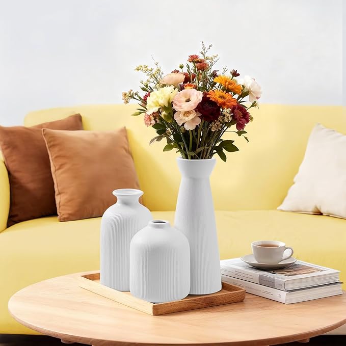 Christmas White Ceramic Flower Vases Set of 3, Large Xmas Gift Vases with Vertical Stripe Texture, Modern Decorative Vases for Dried Flowers, Home Decor for Living Room Bedroom Kitchen Shelf