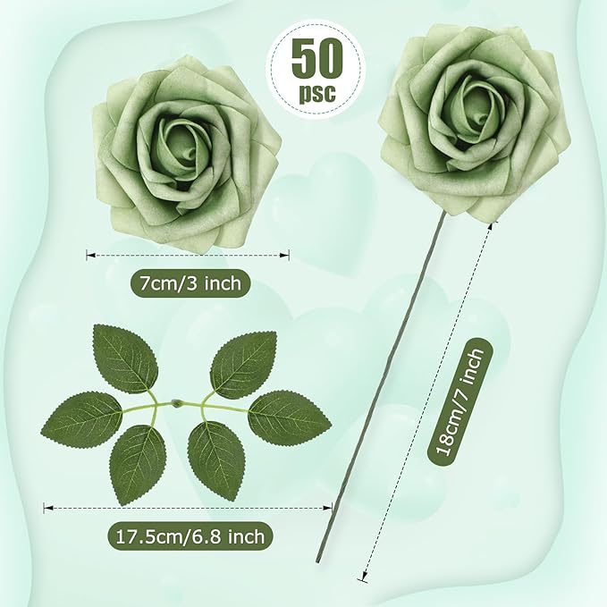 50 Pcs Artificial Foam Rose Flowers Faux Bouquet with Leaves and Stems for DIY Wedding Bouquets Centerpieces Bridal Shower Party Valentine Home Decorations (Gradient Green)