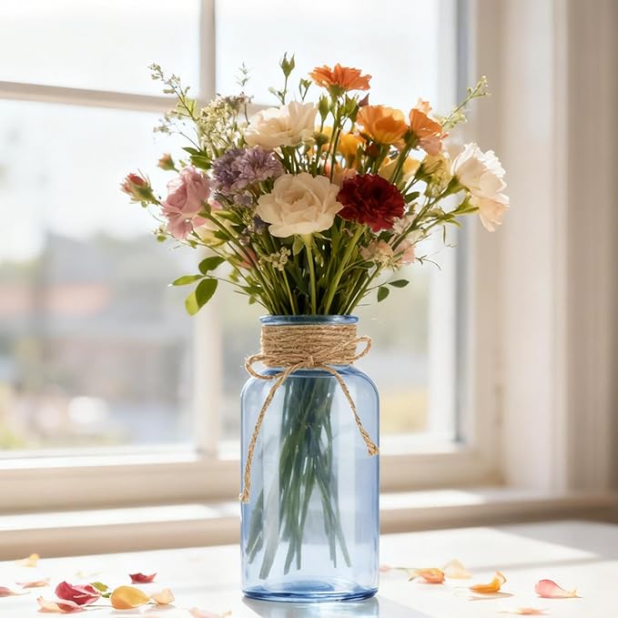 Vintage Glass Flower Vase，6 Pack Blue Farmhouse Glass Centerpiece Vases Mason Jars for Weddings, Parties & Home Decor Bulk (6, Blue)