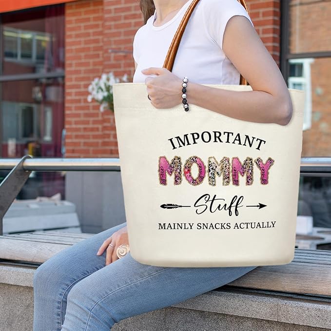 Canvas Tote Bag for Women, Important Stuff Bag with Leather Handle, Reusable Grocery Bags for Shopping Beach Travel
