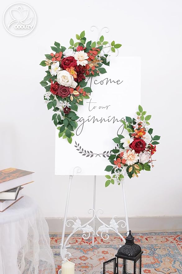 Pack of 2 Wedding Arch, Artificial Flowers, Wedding Decor，Flower Garland Be Suited to Banquet, Party, Reception Entrance Welcome Sign and Background Decoration(White red)