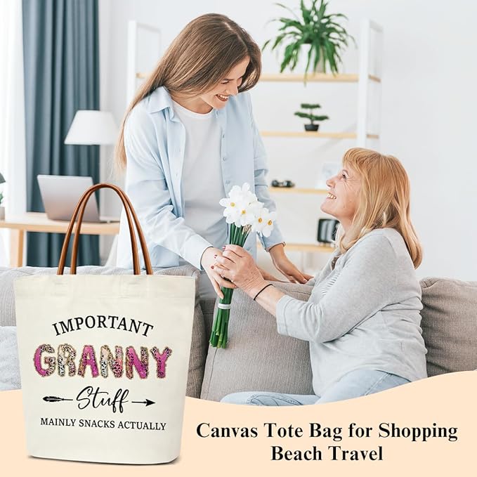 Canvas Tote Bag for Women, Important Stuff Bag with Leather Handle, Reusable Grocery Bags for Shopping Beach Travel