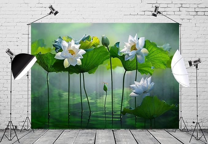 BELECO 10x6.5ft Fabric Lotus Flower Backdrop Lotus Garden Blooming White Lotus Flowers Pond Background Wall Decor Photo Booth Shoot Studio Props Wallpaper