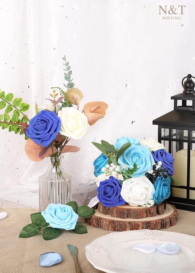 N&T NIETING Blue Roses Artificial Flowers, 25pcs Fake Flowers Rose Perfect for DIY Wedding Bridesmaid Bridal Bouquets Centerpieces Home Flower Arrangement Decoration, Series Blue