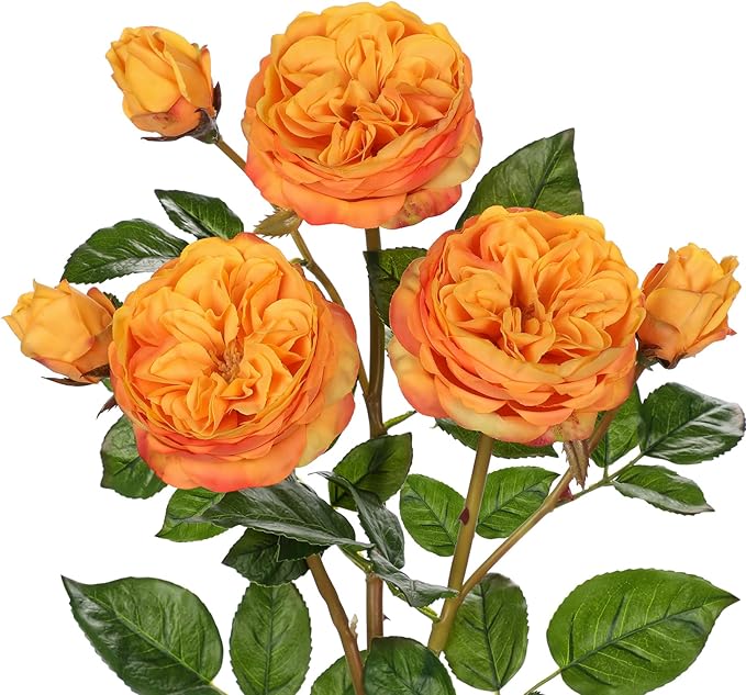 Real Touch Artificial Roses (Set of 3) – 23.6" Long Stem Orange Garden Roses – Lifelike Faux Silk Flowers for Wedding Bouquets, Home Décor, Centerpieces & Floral Arrangements