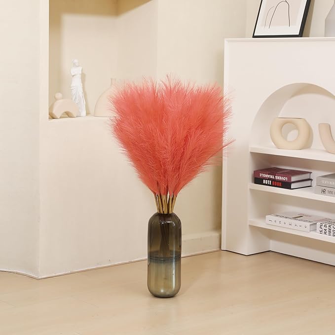 9 Stems Orange Pampas Grass - 38 Inch Tall Faux Pompous Grass Decor, Large Artificial Pompas Floral for Vase Filler, Wedding, Party and Fall Home Decor (Orange)