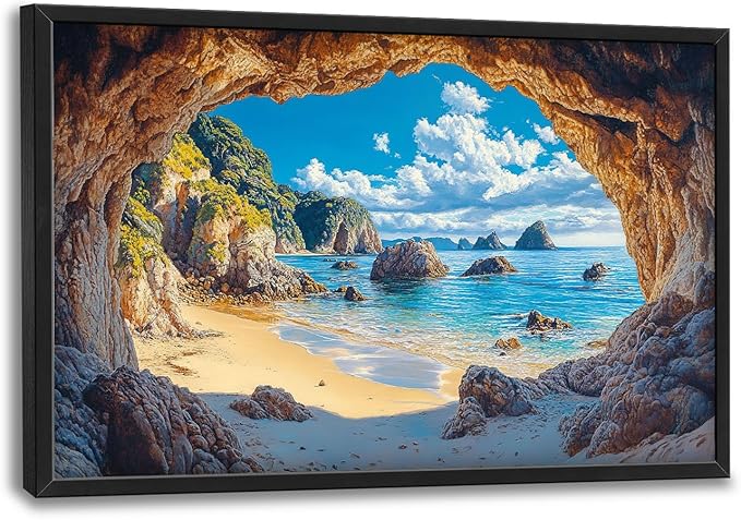 Beach Large Wall Art Rocky Cave Pictures Wall Decor Coastal Canvas Seascape Print Painting Modern Artwork Home Decoration for Living Room Bathroom Bedroom Office Framed 36"x24"
