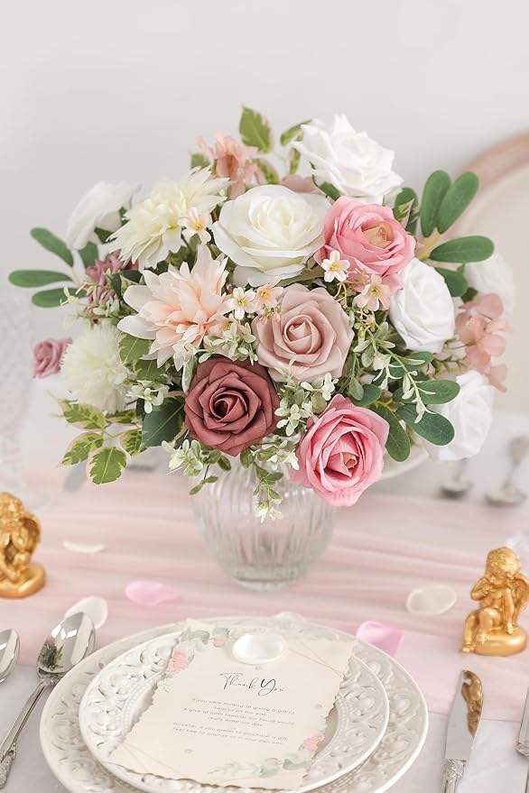 Artificial Flowers Dusty Pink Box Set for DIY Bridal Bouquets Wedding Shower Decorations Fake Floral Arrangements for Party Table Centerpieces Home Decor Indoor Outdoor