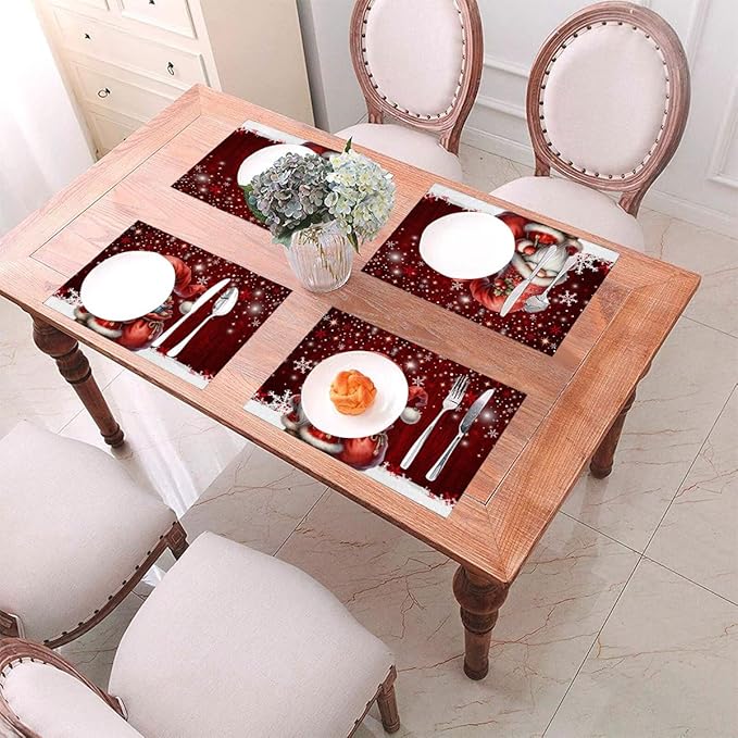 PVC Placemats Set of 6 Wipeable Table Mats Washable Heat Resistant Non Slip Vinyl Dining Table Mat for Kitchen Indoor Outdoor Patio Farmhouse Place Mats Red Santa Claus Gnome Decorative