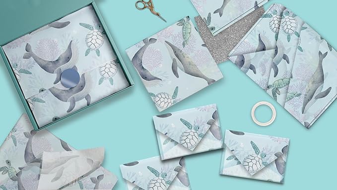 Pro Supply Global Sea Creatures Turtles and Whales Printed Tissue Paper for Gift Bags or Boxes and Wrapping - Ocean Bulk Decorative Art Tissue Paper for Packaging and Gifting | 24 Sheets 20" x 30"