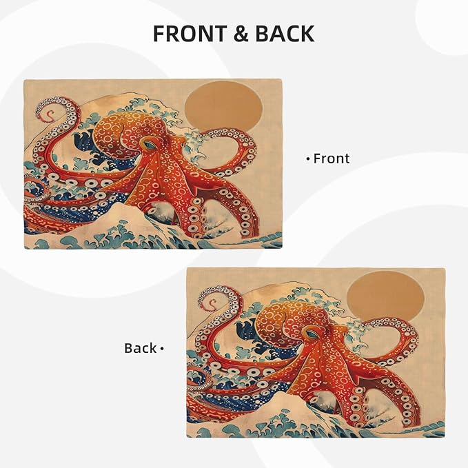 Retro Octopus Placemats Set of 6 Washable Table Vintage Japanese Wave Heat-Resistant Cotton Linen Place Mats for Dining Table Kitchen Indoor Outdoor Party Holiday Decor