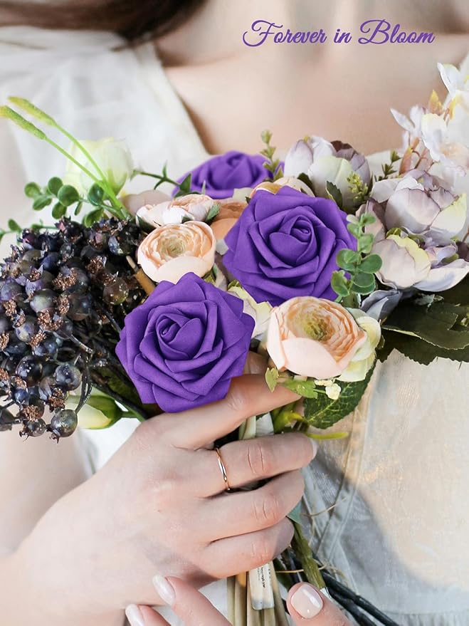 MACTING Purple Artificial Flowers 30PCS Fake Roses with Stem Real Touch Soft Foam Roses for Valentines Day Gifts DIY Wedding Bouquet Table Centerpieces Party Bridal Shower Home Spring Decorations