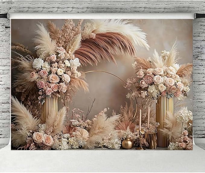Boho Floral Wedding Backdrop Pampas Grass Flower Curtain Background Wedding Bridal Shower Anniversary Party Decoration Backdrop Newborn Baby Shower Pregnancy Photos Backdrop (6x4feet)