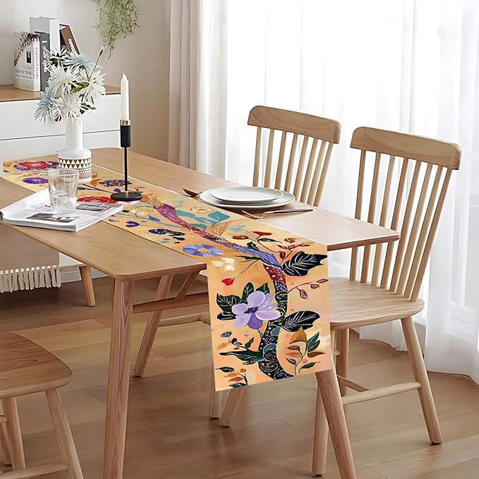 Elegant Floral Table Runner with Gold Accents – 13x72 Inch Linen-Look Fabric for Dining Table, Festive & Holiday Decor, Wedding, Christmas, and Everyday Home Use