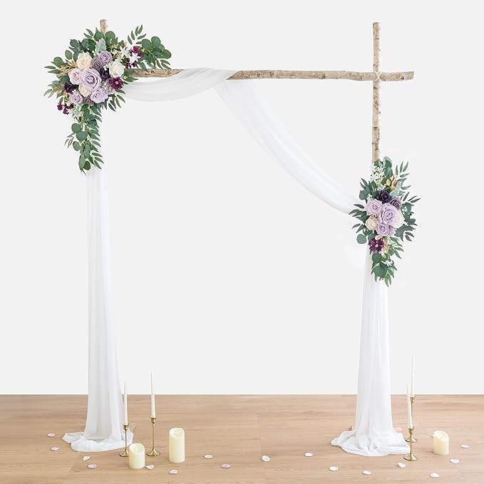 ponatia Wedding Arch Flowers with 26Ft Chiffon Fabric, Artificial Purple Flowers for Wedding Welcome Signs Decorations for Wedding Ceremony Reception (Lilac & Cream)