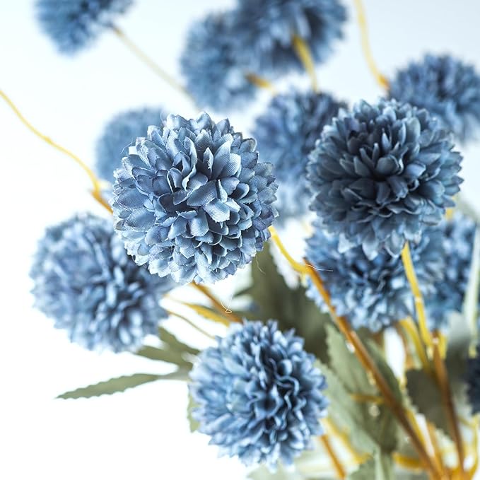 6 Artificial Silk Flowers + 3 Eucalyptus, Artificial Chrysanthemums with Stems for Home Decor, Dusty Blue