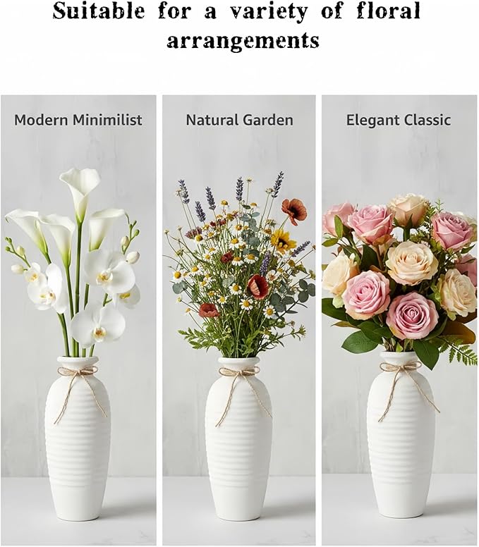 14.4 Inch Tall Ceramic Vase, Large Rustic Vintage Farmhouse Threaded Vases for House Book Shelf Office Coffee Desk Dining Fireplace,White