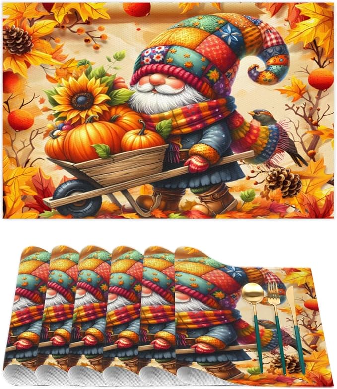 Autumn Gnome Pumpkin Flower Placemats Set of 1 PVC Vinyl Non Slip Table Mats Heat Resistant Place Mats Washable Wipeable Dining Table Mat for Kitchen Decor Party Indoor Outdoor Decorative Gift
