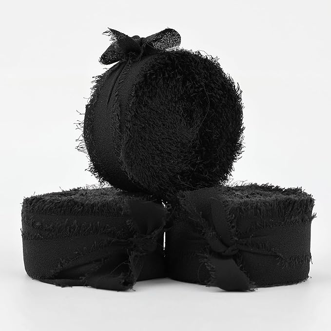 MEEDEE Black Chiffon Ribbon 1 Inch Frayed Ribbon Chiffon Silk Ribbons Black Fringe Thin Chiffon Ribbons for Crafts, Gift Wrapping, Wedding Invitation (3 Rolls 21 Yards)