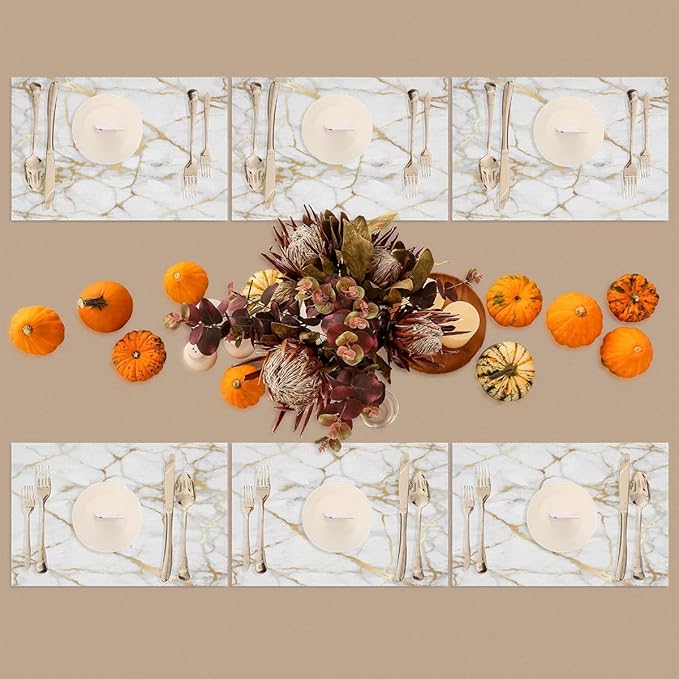 PVC Placemats Set of 4 White Gold Marble Wipeable Table Mats Washable Heat Resistant Non Slip Vinyl Dining Table Mat for Kithen Indoor Outdoor Patio Farmhouse Place Mats Decorative