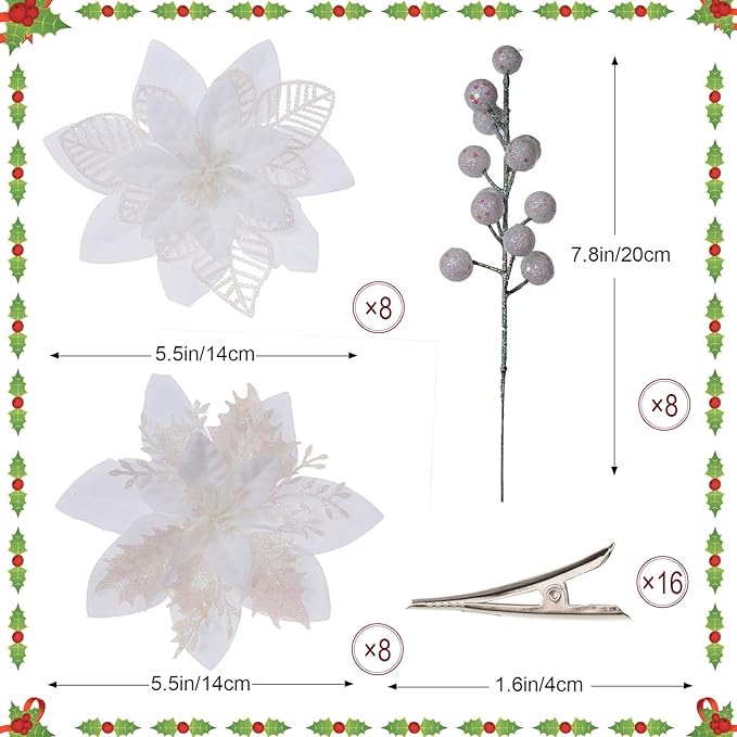 24 Pcs White Boxed Christmas Poinsettia Flowers Set, 16 Pcs Artificial Poinsettias with Clips, 8 pcs Glitter Christmas Tree Ornaments Berry Stems for Wedding Home Holiday Xmas New Year Decorations