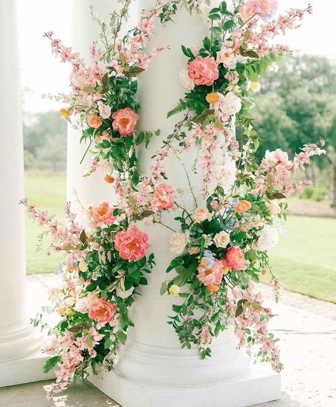 6PCS Silk Delphinium Artificial Flower Lifelike Silk Larkspur Flowers Plant 35.43" Long Stem Blossoms Fake Flowers for Tall Vase Floral Arrangements Home Table Wedding Decor(Champagne Pink)