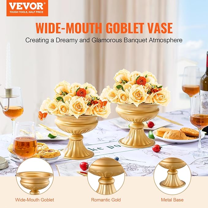VEVOR 10PCS 16cm/6.3” Tall Wedding Flower Vase, Metal Wedding Centerpiece, Gold Floral Arrangement Stand Display Rack for Tables Wedding Dinner Party, Anniversary Ceremony Birthday Event Decor
