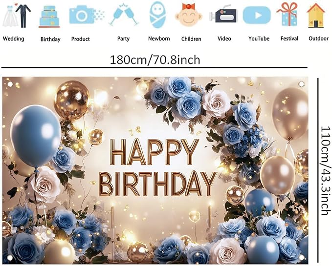 Blue and Gold Happy Birthday Backdrop Banner Elegant Floral Balloon Photography Background Birthday Party Decorations Glittering Rose Blue Gold Balloons Banner Supplies 71x43 Inch