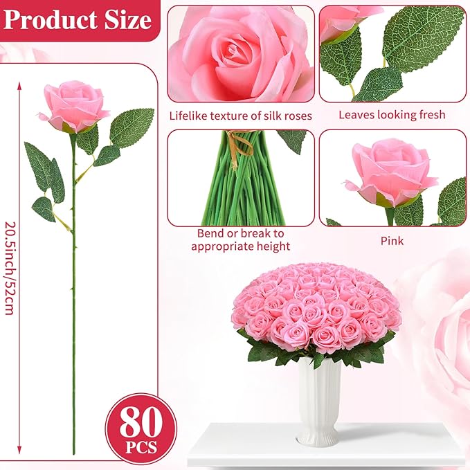 80 Pcs Roses Artificial Flowers, Silk Pink Artificial Flowers Petals Long Stem Roses for Wedding Bouquet Home Party Decor