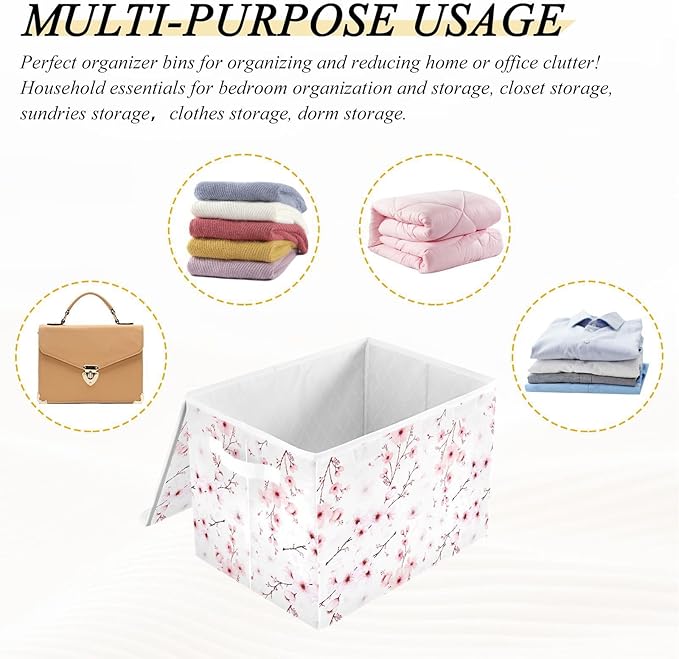 Flower Baskets Collapsible Storage Bins with Lids, Cherry Blossom Branche Storage Boxes Clothes Baskets for Organizing