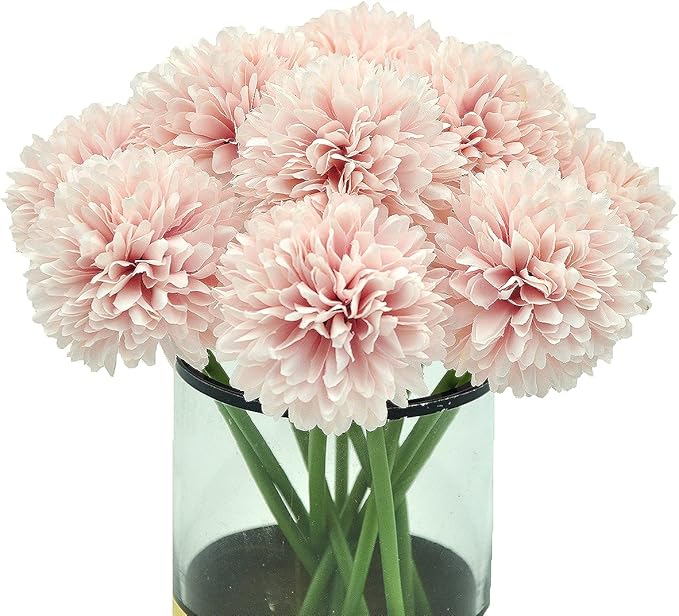10Pcs Artificial Fake Flower Plants Silk Chrysanthemum Ball Hydrangea Arrangements Wedding Bouquets Decor Home Kitchen Garden Party Table Floral Centerpieces DIY (Light Pink)
