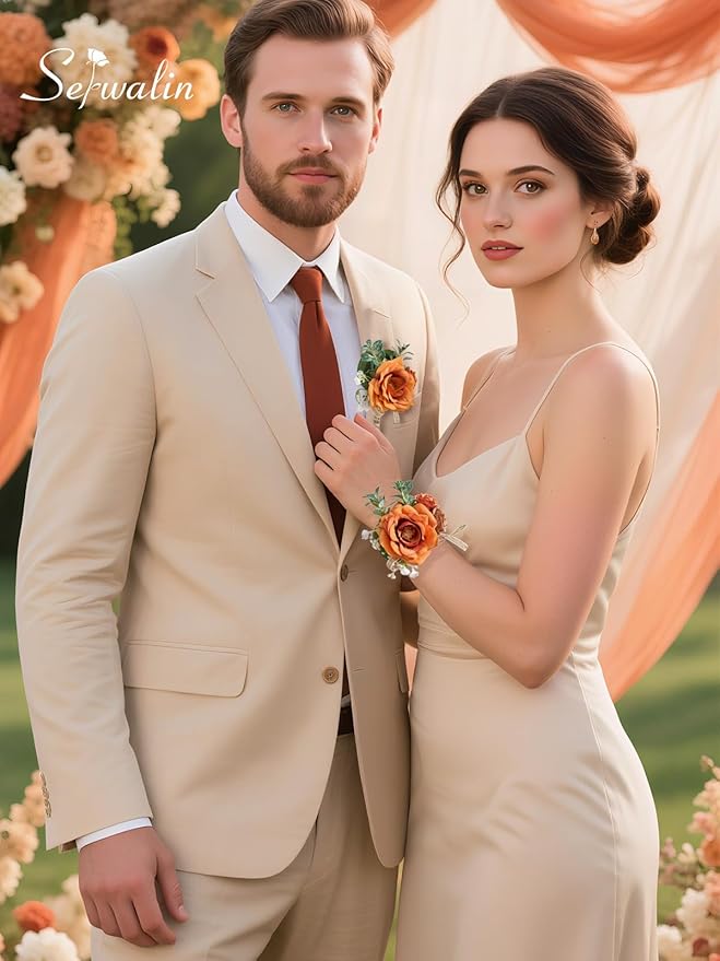 Serwalin Orange Corsage and Boutonniere Set, Boutonniere and Wrist Corsage Wristlet Prom Homecoming Wedding Flowers Accessories Prom Suit Decorations (Orange)