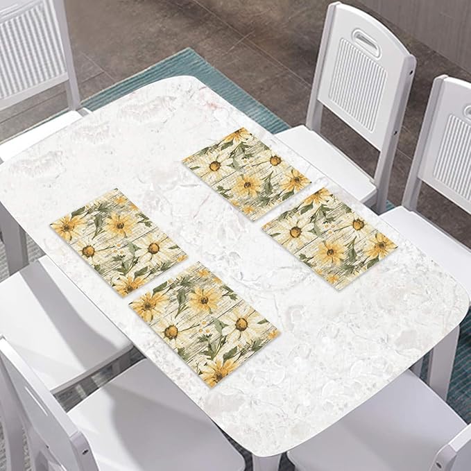 Placemats Set of 4 Waterproof Oilproof Table Mats Oil Painting Daisy Washable Wipeable Heat Resistant Easy to Clean for Indoor Outdoor Party Kitchen Dining Table Decoration 12 * 18in