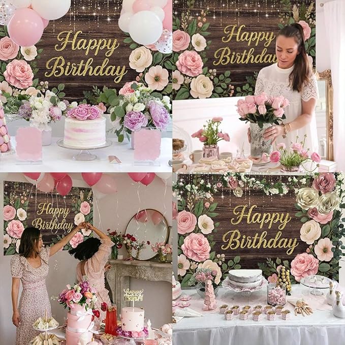 Wooden Floral Birthday Backdrop Pink and Gold Rustic Wood Birthday Party Background Girls Women Cake Table Favors Flowers Bday Cake Smash Photo Booth Banner with Copper Grommet