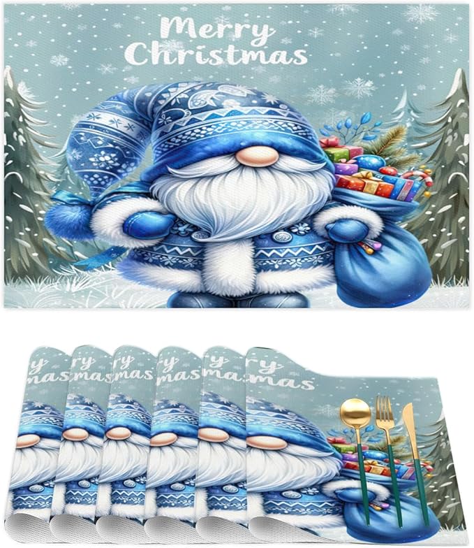 Xmas Christmas Gnomes Bule Snowflake Placemats Set of 1 PVC Vinyl Non Slip Table Mats Heat Resistant Place Mats Washable Wipeable Dining Table Mat for Kitchen Party Indoor Outdoor Decorative Gift
