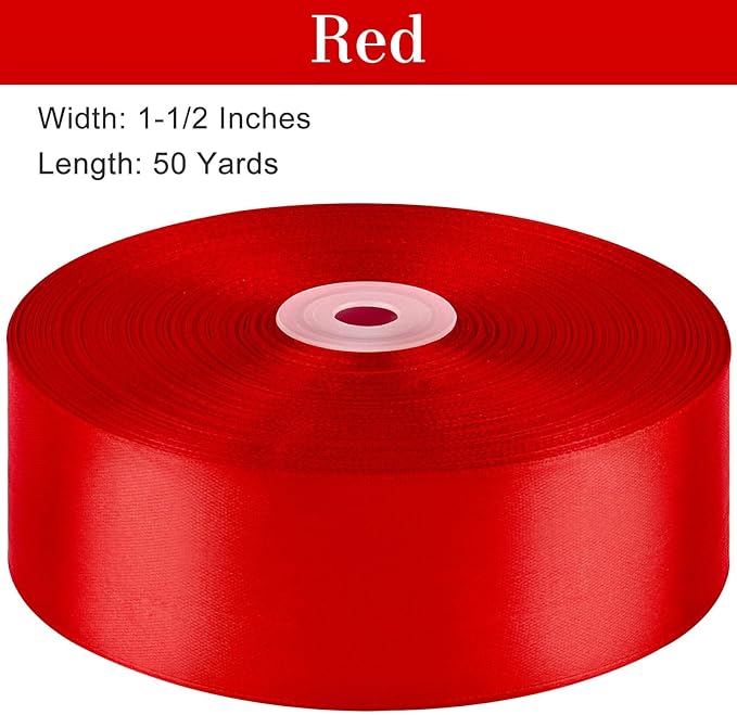 1-1/2 Inches 50 Yards Red Satin Ribbon, Solid Fabric Ribbon Roll for Flower Bouquets, Gift Wrapping, Wedding, Christmas, Handmade Crafts