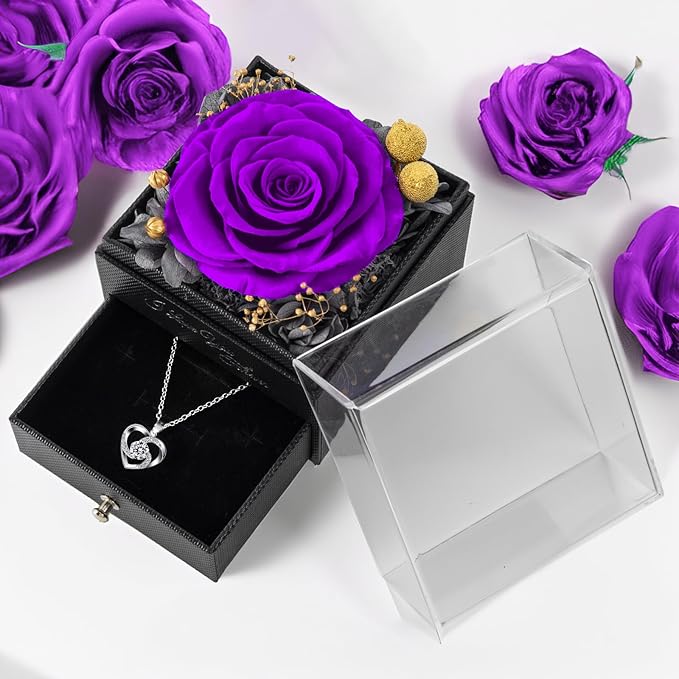 Gifts for Mom Birthday, Preserved Real Purple Rose with Necklace, Eternal Roses Forever Flowers Gifts for Women Girlfriend Mom Grandma Wife Mother's Day Birthday Anniversary