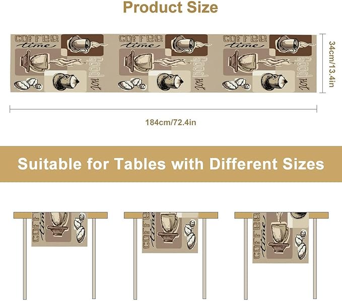 Coffee Table Runner,Vintage Style Coffee Cup Bean Abstract Theme Pattern Print Tablecloth Burlap for Hotel Indoors Outdoor Dining Room Kitchen Table Decor, 13x60in