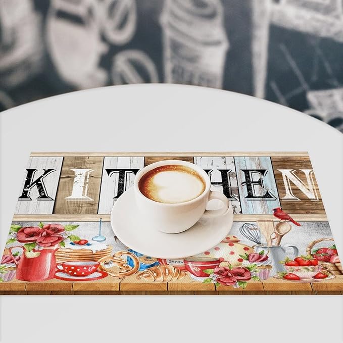 Farmhouse Vintage Kitchen Placemats Rustic Wood Plank Barn Door Retro Strawberry Utensils Knives and Forks Placemats Table Dining Party 12x18 Inch Set of 4