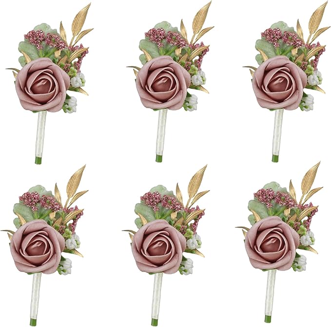 Meldel Dusty Rose Pink Boutonniere for Men Wedding, Set of 6, Groom Groomsman Boutonniere, Mens Boutonnieres for Wedding Prom Ceremony Anniversary Party Homecoming