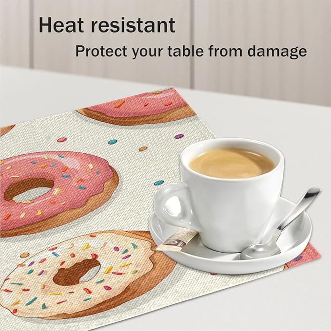 Donuts Placemats Set of 6, Washable Linen Place Mats, Food Donut Table Mats for Kitchen Dining Table Decor Heat Resistant Tablemats 12x18