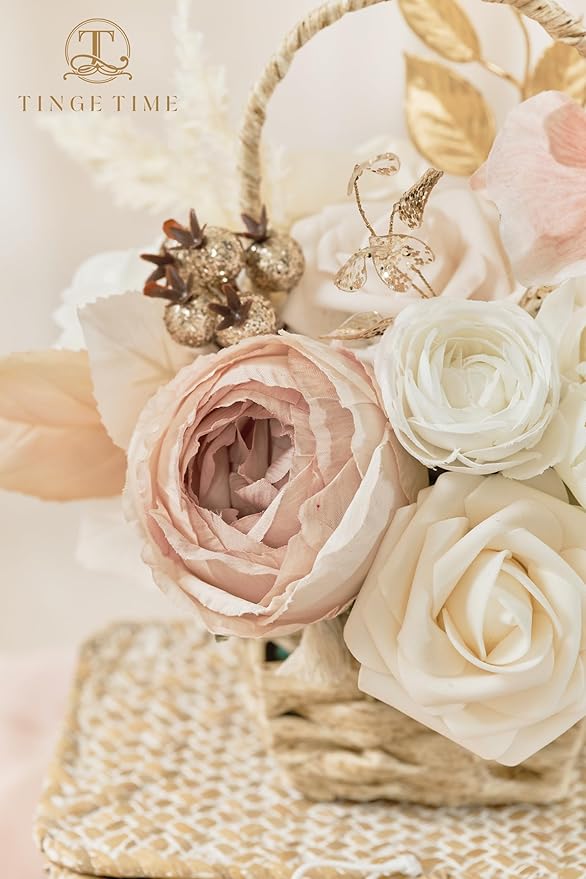 TINGE TIME Artificial Flowers Combo Mix Silk Flowers Pink Roses w/stem for DIY Wedding Bridal Bouquets Baby Shower Floral Arrangement Table Centerpieces Home Decorations (Dusty Rose & Champange)