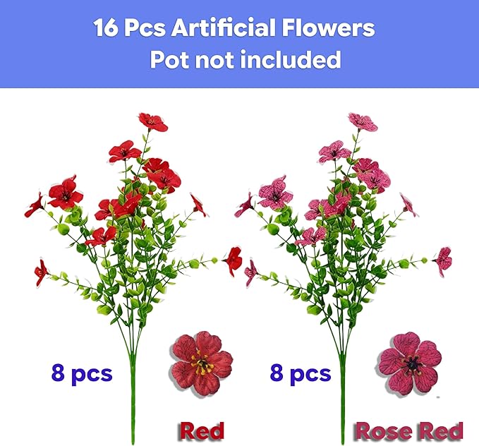 16 Bundles Artificial Flowers for Outdoors–Realistic Silk Mums in Red & Rose Red Mix-UV Resistant Faux Flowers for Garden Yard Patio Porch Home Wedding Décor