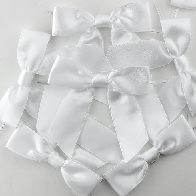 7Rainbows 30pcs Boutique 2.5" White Satin Ribbon Twist Tie Bows for Tying Up Packages Gift Wrapping