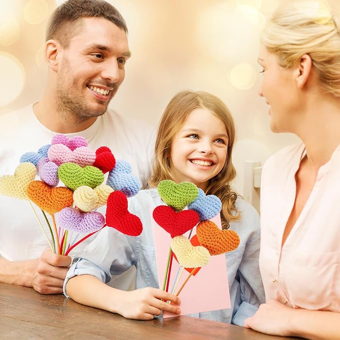 YoungJoy 12 Pcs Crochet Rose Handmade Knitted Flowers Tulip Sunflower Daisy Heart Artificial Knitted Floral Mother Day Graduation Home Decor(Colorful Heart)