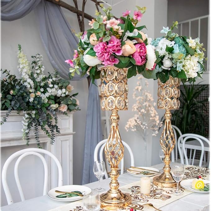 Set of 10 Metal Diamond Crystal Wedding Centerpiece Vases for Tables, 24in Gold Versatile Tall Flower Holders Centerpiece Flower Stands for Wedding Party Reception Dining Room Living Room Décor