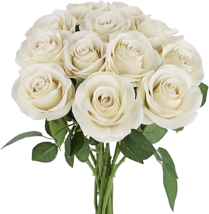 12pcs Roses Artificial Flowers Beige Silk Roses with Long Stems Fake Flowers for Wedding Bouquet Centerpices Decorations Party Bridal Baby Shower Home Decor