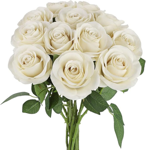 12pcs Roses Artificial Flowers Beige Silk Roses with Long Stems Fake Flowers for Wedding Bouquet Centerpices Decorations Party Bridal Baby Shower Home Decor