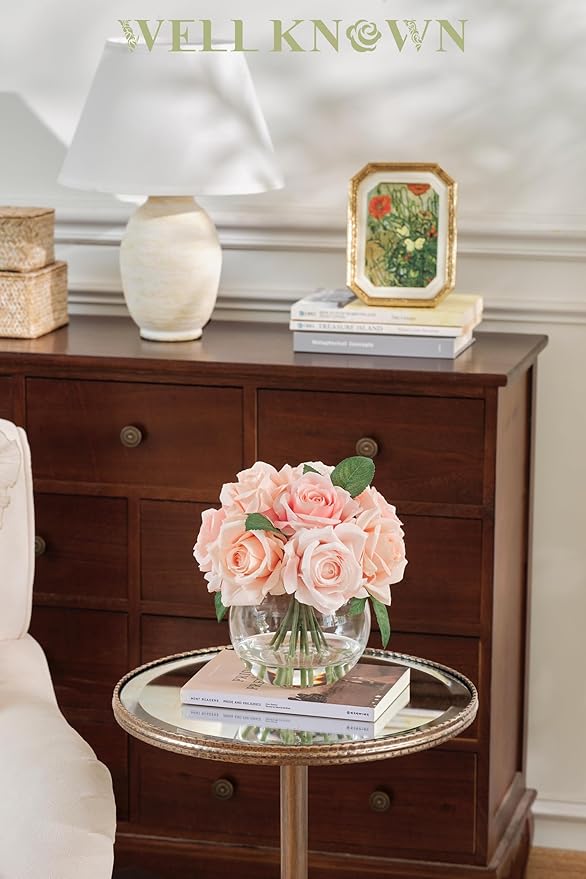 WELL KNOWN Artificial Flowers with Vase, Silk Rose Artificial Flowers Table Centerpieces with Faux Water for Home Decoration Fake Roses Flower Arrangements for Table Decor (Pink)